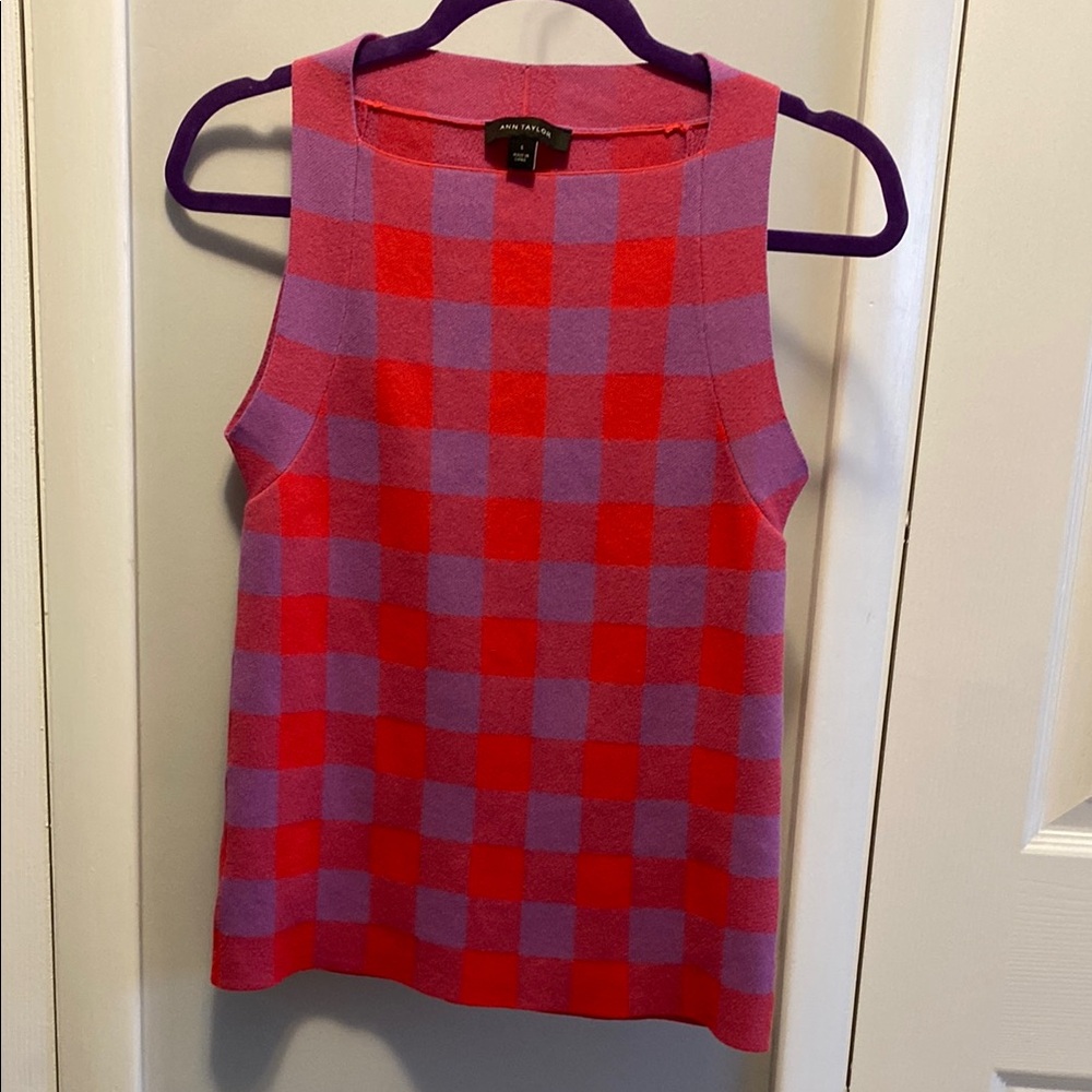 Ann Taylor Red and Purple Square Neck Knit Sleeveless Top S EXC